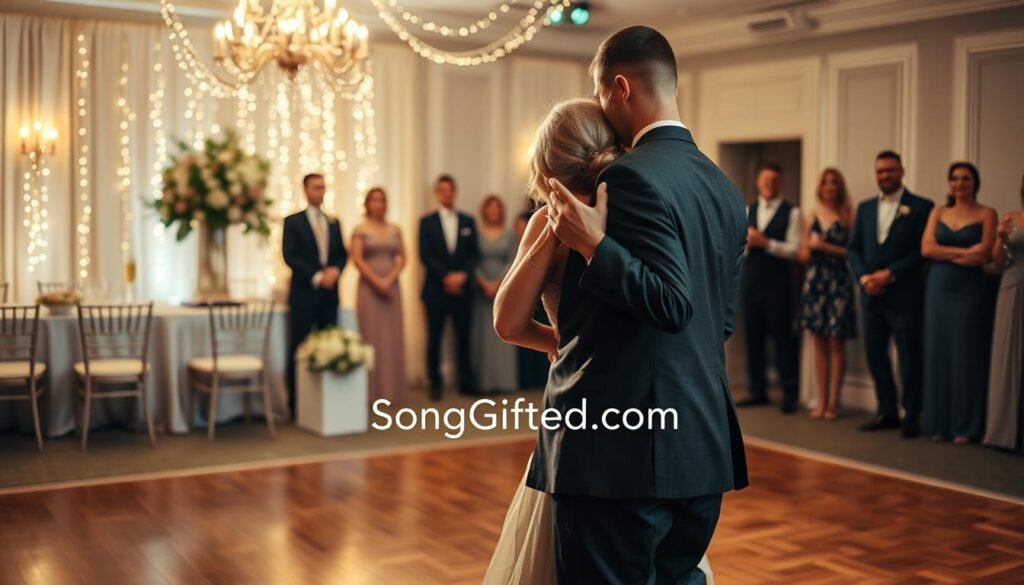 A beautiful scene capturing a heartfelt mother-son dance at a wedding reception. In the foreground, a mother wearing an elegant, flowing gown, and a son dressed in a sharp suit, share an emotional moment as they dance closely. The middle ground features a softly decorated venue with twinkling fairy lights, floral arrangements, and a polished wooden dance floor. In the background, elegantly dressed guests watch with warm smiles, creating a supportive atmosphere. The lighting is warm and intimate, highlighting the tenderness of the moment, while soft focus adds a dreamy quality. The composition utilizes a slightly low angle to emphasize the connection between mother and son. Place the subtle branding "SongGifted.com" integrated within the floral decorations, ensuring it remains unobtrusive.
