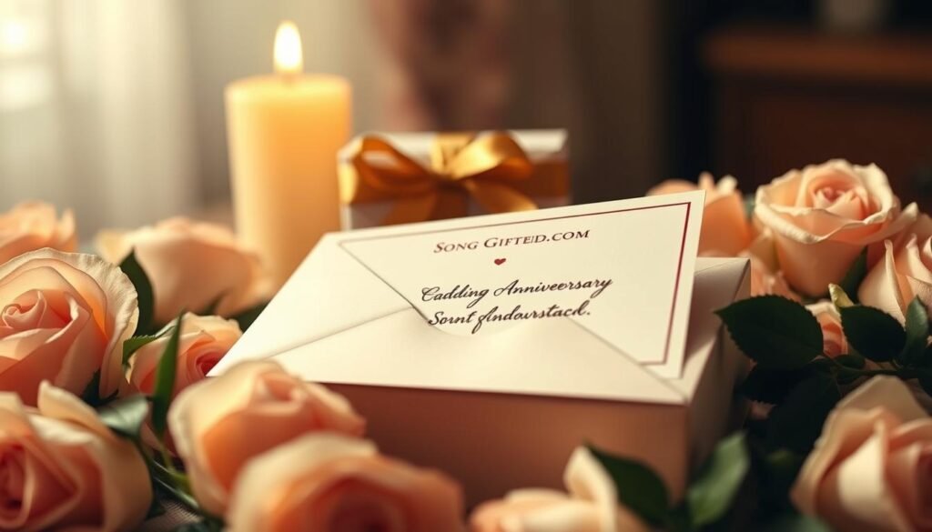 A beautifully arranged emotional wedding anniversary gift, featuring a heartfelt envelope with a custom soundtrack card prominently displayed. In the foreground, soft pastel roses in various shades surround the gift, creating a romantic setting. The middle ground includes a delicately wrapped box adorned with a gold ribbon, highlighting the importance of the occasion. In the background, a softly lit candle flickers gently, casting warm light that enhances the intimate atmosphere. Capture the scene from a slightly elevated angle for an inviting composition. The lighting is warm and inviting, creating a nostalgic and romantic mood. Include a subtle logo of "SongGifted.com" elegantly placed within the gift setup, ensuring it is harmonious with the design but not overpowering. A beautifully arranged emotional wedding anniversary gift, featuring a heartfelt envelope with a custom soundtrack card prominently displayed. In the foreground, soft pastel roses in various shades surround the gift, creating a romantic setting. The middle ground includes a delicately wrapped box adorned with a gold ribbon, highlighting the importance of the occasion. In the background, a softly lit candle flickers gently, casting warm light that enhances the intimate atmosphere. Capture the scene from a slightly elevated angle for an inviting composition. The lighting is warm and inviting, creating a nostalgic and romantic mood. Include a subtle logo of "SongGifted.com" elegantly placed within the gift setup, ensuring it is harmonious with the design but not overpowering.