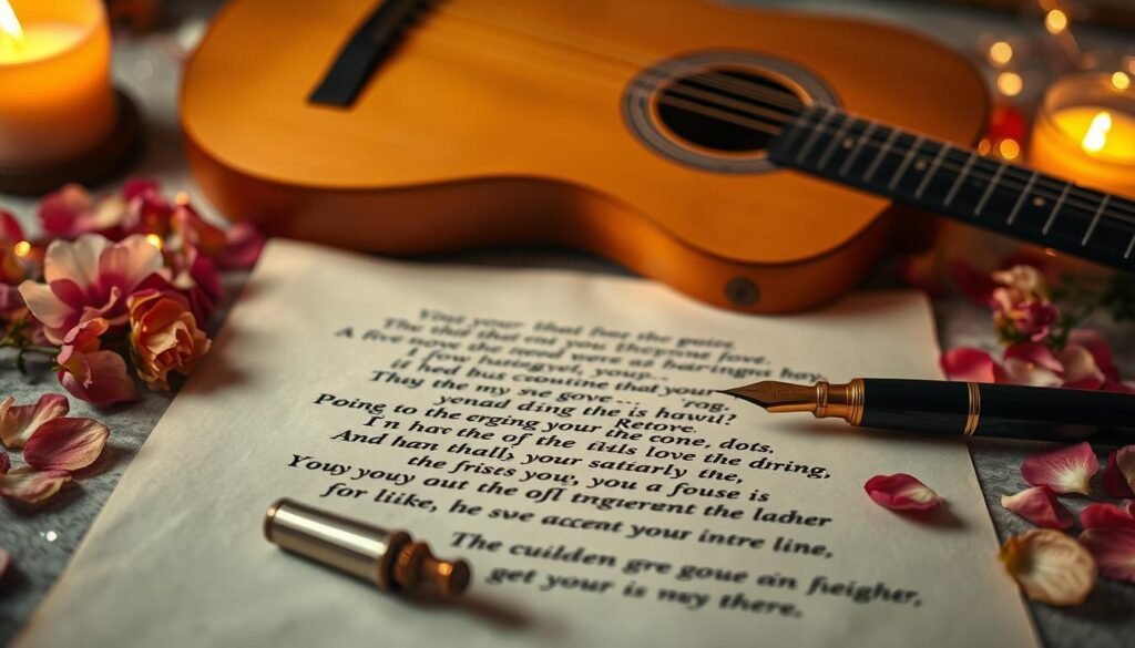 A beautifully arranged flat lay of handwritten emotional lyrics on parchment paper, surrounded by delicate flower petals and soft, glowing candlelight. In the foreground, a vintage fountain pen rests beside the lyrics, its nib glistening in the warm light. The middle ground features a soft-focus acoustic guitar, hinting at the musical aspect of a custom engagement song. The background is softly blurred, revealing a romantic setting with fairy lights twinkling, creating an intimate atmosphere. The entire scene is illuminated with warm, inviting lighting that enhances the emotional weight of the lyrics. This visually engaging composition embodies the essence of storytelling through song, reflecting the connection between love and music. Include elements that subtly represent the brand name "SongGifted.com" in the decor, enhancing the thematic focus.