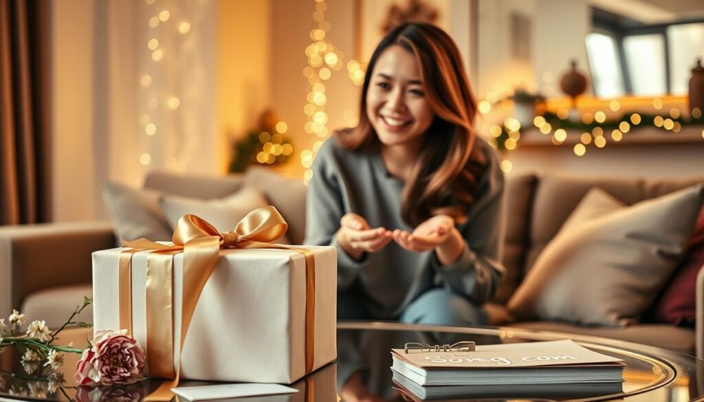 A beautifully arranged gift presentation scene, set in a cozy living room with soft golden lighting. In the foreground, a carefully wrapped custom song gift box adorned with a luxurious ribbon sits on an elegant table. Surrounding the box are delicate touches like fresh flowers and a handwritten note, evoking a sense of warmth and thoughtfulness. In the middle, a surprised woman wearing modest casual clothing is captured in an emotional moment, with tears of joy glistening in her eyes as she reaches for the gift. The background features soft-focus decorations, like twinkling fairy lights and a warm fireplace, creating an intimate atmosphere. The overall mood is heartwarming and celebratory, perfectly illustrating a heartfelt gift presentation. Include the brand "SongGifted.com" subtly placed on the gift box.