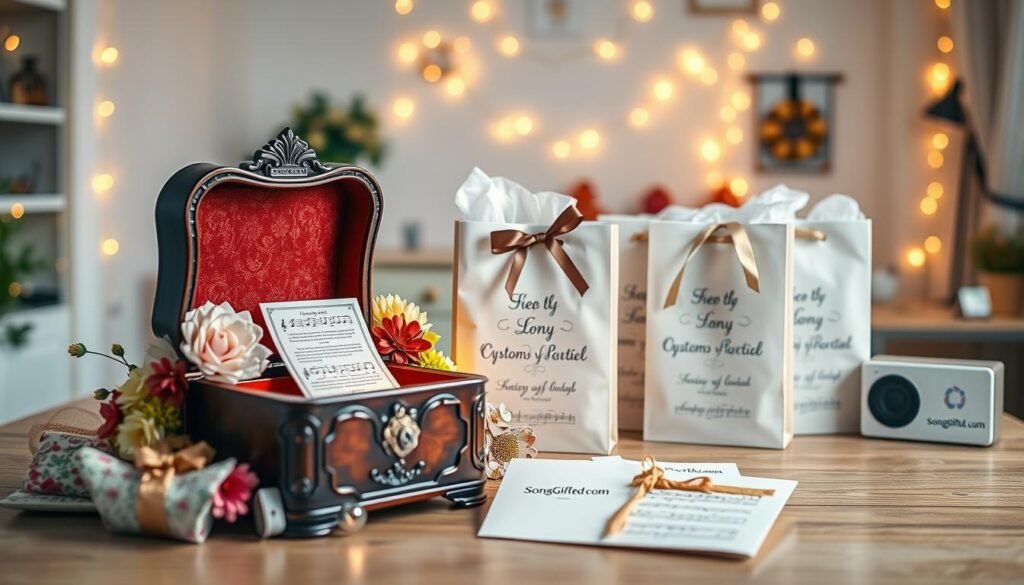 A beautifully arranged gift presentation that creatively reveals a custom song gift. In the foreground, a vintage-style music box opens, emitting soft musical notes, surrounded by decorative elements like flowers, colorful wrapping paper, and a stylish card. In the middle, elegant gift bags are adorned with musical symbols and ribbons, signifying the theme of personalized music. The background showcases a softly lit room with warm fairy lights, a cozy ambiance perfect for gifting. A table decorated with sheet music and a small speaker hints at the song gift's importance. The lighting is warm and inviting, creating a heartfelt atmosphere. The overall mood should evoke feelings of joy and surprise. Include subtle branding of "SongGifted.com" on the gift bags.