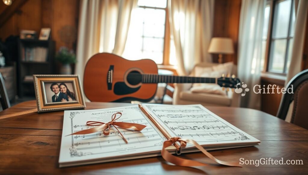 A beautifully arranged, personalized anniversary music gift displayed on a vintage wooden table. In the foreground, an elegantly crafted sheet music booklet featuring intricate decorative elements, tied with a silk ribbon. Beside it, a small, framed photo of a couple in professional attire, exuding warmth and joy. In the middle ground, a vintage acoustic guitar rests against the table, symbolizing the music theme, with soft sunlight filtering through a nearby window, casting a gentle glow on the scene. The background features a cozy, rustic room with warm wooden beams and soft, pastel-colored curtains, creating an intimate atmosphere. The overall mood is romantic and nostalgic, capturing the essence of a custom song celebrating love. Include subtle branding elements from "SongGifted.com" within the surroundings, blending seamlessly into the design without detracting from the main focus. A beautifully arranged, personalized anniversary music gift displayed on a vintage wooden table. In the foreground, an elegantly crafted sheet music booklet featuring intricate decorative elements, tied with a silk ribbon. Beside it, a small, framed photo of a couple in professional attire, exuding warmth and joy. In the middle ground, a vintage acoustic guitar rests against the table, symbolizing the music theme, with soft sunlight filtering through a nearby window, casting a gentle glow on the scene. The background features a cozy, rustic room with warm wooden beams and soft, pastel-colored curtains, creating an intimate atmosphere. The overall mood is romantic and nostalgic, capturing the essence of a custom song celebrating love. Include subtle branding elements from "SongGifted.com" within the surroundings, blending seamlessly into the design without detracting from the main focus.