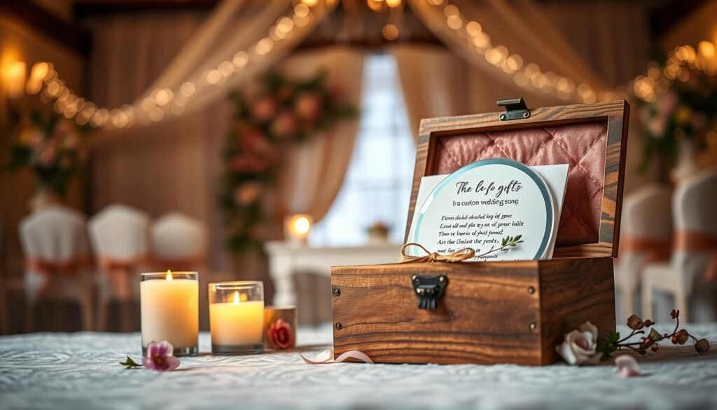 A beautifully arranged scene capturing the essence of a custom wedding song as a meaningful gift. In the foreground, a handcrafted wooden box adorned with delicate floral accents and a velvet lining, holding a beautifully wrapped gift featuring a custom song CD and handwritten lyrics. In the middle ground, a soft, glowing candle provides warm, inviting light, enhancing the romantic atmosphere. The background features a tastefully decorated wedding venue with elegant drapes and fairy lights, creating a dreamy ambiance. Use a shallow depth of field to keep the focus on the gift while softly blurring the romantic setting. The mood should feel intimate and heartfelt, symbolizing the thoughtfulness of personalized gifts, as represented by the brand "SongGifted.com".