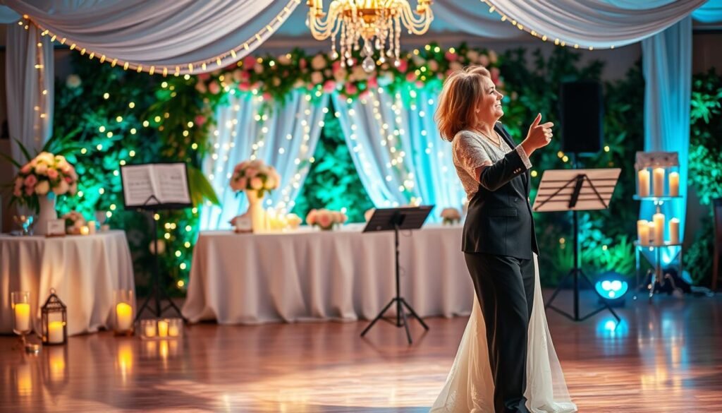 A beautifully arranged scene depicting a memorable mother-son dance presentation with a custom song, focusing on elements of warmth and intimacy. In the foreground, a mother and son dressed in elegant attire share a joyful dance, illuminated by soft, warm lighting. The middle ground features a beautifully decorated dance floor with ambient fairy lights and floral arrangements that enhance the celebratory atmosphere. In the background, a tasteful background of a romantic venue, such as a garden or ballroom, sets the stage for the event. Subtle details like sheet music on a stand, a personalized song playlist, and decorative candles contribute to the theme. The overall mood should be one of love, celebration, and cherished memories, evoking the significance of their bond. The brand name "SongGifted.com" is subtly incorporated into the scene without text, ensuring focus on the visuals.