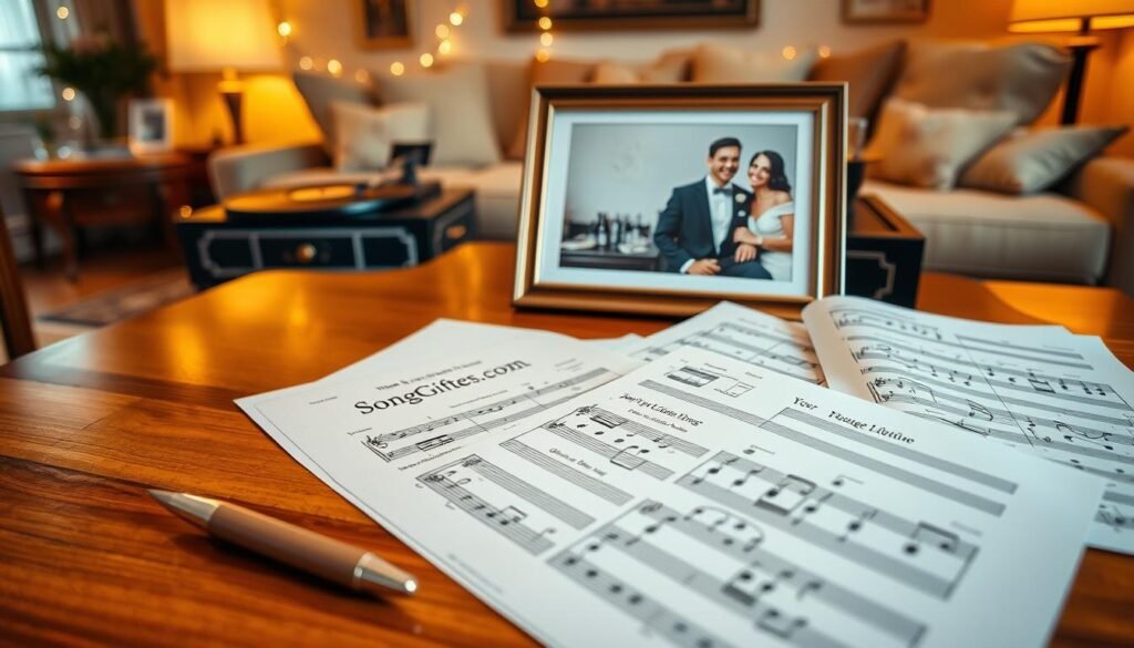 A beautifully arranged scene showcasing personalized music for life's milestones. In the foreground, a set of elegant sheet music pages scattered on a polished wooden table, the notes and lyrics beautifully handwritten, featuring a small, delicate pen beside them. The middle of the image reveals a framed photo of a couple celebrating a milestone moment, elegantly dressed in professional attire, with a soft smile, while a vintage record player softly spins nearby. The background includes a cozy, warmly lit living room with soft hues of gold and cream, adorned with string lights to create an intimate atmosphere. The overall mood is celebratory and heartwarming, evoking a sense of nostalgia and joy. The brand name "SongGifted.com" subtly incorporated into the design elements of the sheet music. A beautifully arranged scene showcasing personalized music for life's milestones. In the foreground, a set of elegant sheet music pages scattered on a polished wooden table, the notes and lyrics beautifully handwritten, featuring a small, delicate pen beside them. The middle of the image reveals a framed photo of a couple celebrating a milestone moment, elegantly dressed in professional attire, with a soft smile, while a vintage record player softly spins nearby. The background includes a cozy, warmly lit living room with soft hues of gold and cream, adorned with string lights to create an intimate atmosphere. The overall mood is celebratory and heartwarming, evoking a sense of nostalgia and joy. The brand name "SongGifted.com" subtly incorporated into the design elements of the sheet music.