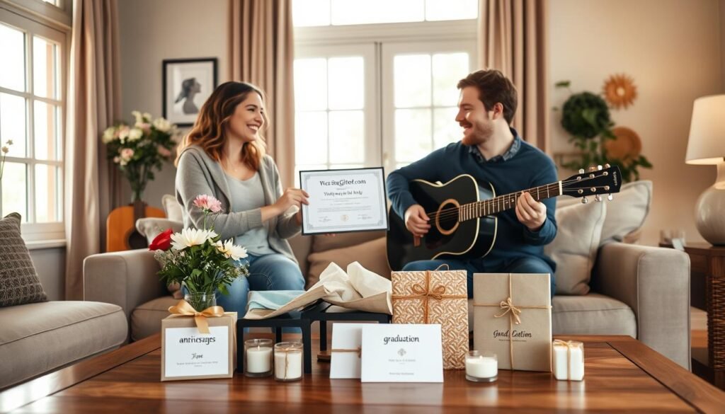 A beautifully arranged scene showcasing various key occasions for gifting a custom song, set in a cozy living room. In the foreground, a smiling couple in casual yet stylish clothing exchanges a framed custom song certificate, surrounded by fresh flowers and an acoustic guitar. In the middle, a tasteful table displays gifts marked for celebrations like weddings, anniversaries, and graduations, with small decorative details like candles and balloons. In the background, soft natural light filters through a set of large windows, casting a warm glow on the entire scene. The atmosphere is joyful and intimate, evoking emotions of love and celebration. Include subtle hints of branding from "SongGifted.com" through decor elements like a tasteful logo on a gift card placed on the table, ensuring it harmonizes with the overall setting.