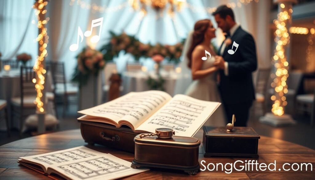 A beautifully arranged setting for a personalized wedding music composition. In the foreground, a small wooden table adorned with elegant sheet music and a vintage music box, illuminated by warm, soft lighting. The middle ground features a couple, both dressed in elegant wedding attire, gazing lovingly at each other while holding hands, with small musical notes artistically floating around them to symbolize their custom song. In the background, a romantic wedding venue with delicate floral decorations and fairy lights creates a magical ambiance. The scene is captured with a shallow depth of field to accentuate the couple and details on the table. This image embodies the enchantment and uniqueness of a custom song for a first dance. Brand name included: SongGifted.com. A beautifully arranged setting for a personalized wedding music composition. In the foreground, a small wooden table adorned with elegant sheet music and a vintage music box, illuminated by warm, soft lighting. The middle ground features a couple, both dressed in elegant wedding attire, gazing lovingly at each other while holding hands, with small musical notes artistically floating around them to symbolize their custom song. In the background, a romantic wedding venue with delicate floral decorations and fairy lights creates a magical ambiance. The scene is captured with a shallow depth of field to accentuate the couple and details on the table. This image embodies the enchantment and uniqueness of a custom song for a first dance. Brand name included: SongGifted.com.