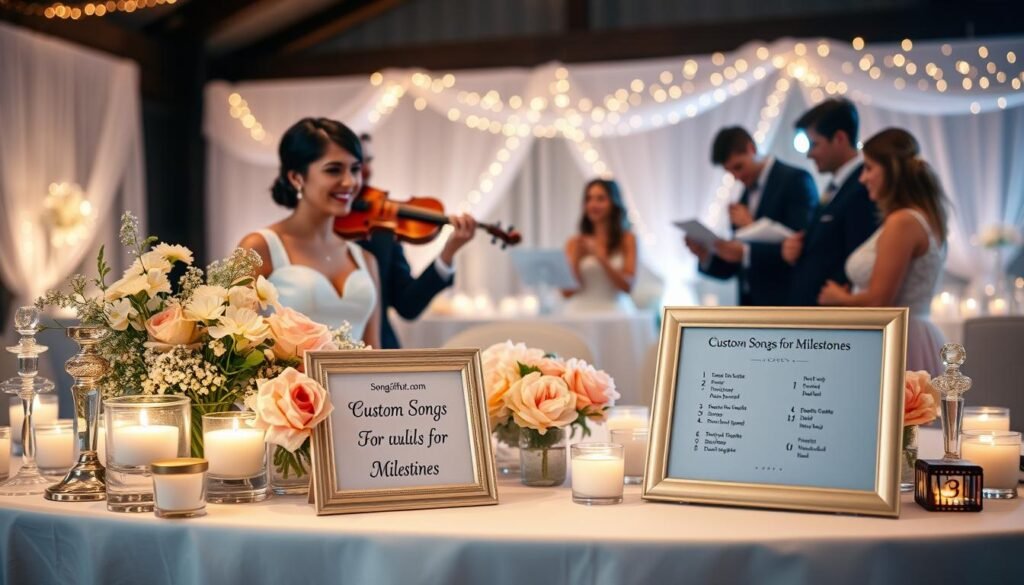 A beautifully arranged table set for a wedding celebration, featuring elegant decorations like soft pastel flowers, candles, and a small framed sign displaying "Custom Songs for Milestones" from SongGifted.com. In the foreground, a couple dressed in formal wedding attire is smiling and sharing a moment, engaging with a personalized song playlist on a tablet. In the middle, a violinist plays a romantic piece, with guests enjoying the atmosphere. The background showcases a softly lit venue, adorned with draping fabric and fairy lights, creating a warm and inviting ambiance. The overall mood is joyful and intimate, perfectly capturing the essence of celebrating love and unique gifts. Soft lighting enhances the scene, giving it a dreamy, enchanting feel.