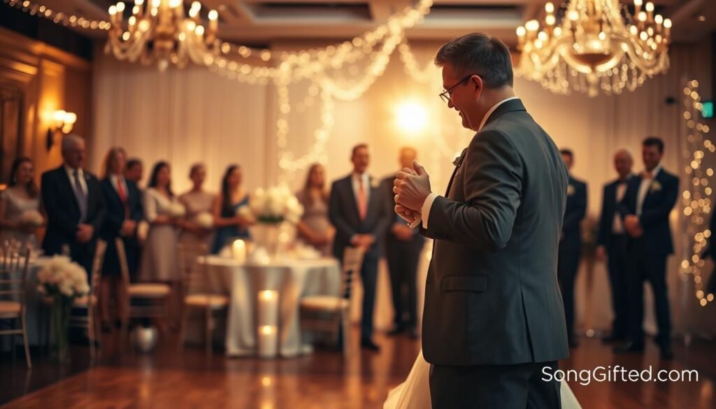 A beautifully arranged wedding scene focusing on a personalized wedding dance, featuring a father and daughter sharing an emotional dance on an elegantly decorated dance floor. In the foreground, capture the couple in professional business attire, expressing joy and tenderness, while the daughter twirls gracefully. In the middle ground, showcase soft floral centerpieces and twinkling fairy lights that enhance the romantic atmosphere. The background features guests watching with smiles, their faces softly blurred for a bokeh effect, emphasizing the couple's special moment. Warm, ambient lighting creates a magical glow throughout the scene, evoking a sense of nostalgia and celebration. Include subtle hints of musical elements, like notes or a musical staff, to suggest the theme of custom songs. Incorporate the brand name, "SongGifted.com," artistically integrated into the scene without text overlays. A beautifully arranged wedding scene focusing on a personalized wedding dance, featuring a father and daughter sharing an emotional dance on an elegantly decorated dance floor. In the foreground, capture the couple in professional business attire, expressing joy and tenderness, while the daughter twirls gracefully. In the middle ground, showcase soft floral centerpieces and twinkling fairy lights that enhance the romantic atmosphere. The background features guests watching with smiles, their faces softly blurred for a bokeh effect, emphasizing the couple's special moment. Warm, ambient lighting creates a magical glow throughout the scene, evoking a sense of nostalgia and celebration. Include subtle hints of musical elements, like notes or a musical staff, to suggest the theme of custom songs. Incorporate the brand name, "SongGifted.com," artistically integrated into the scene without text overlays.