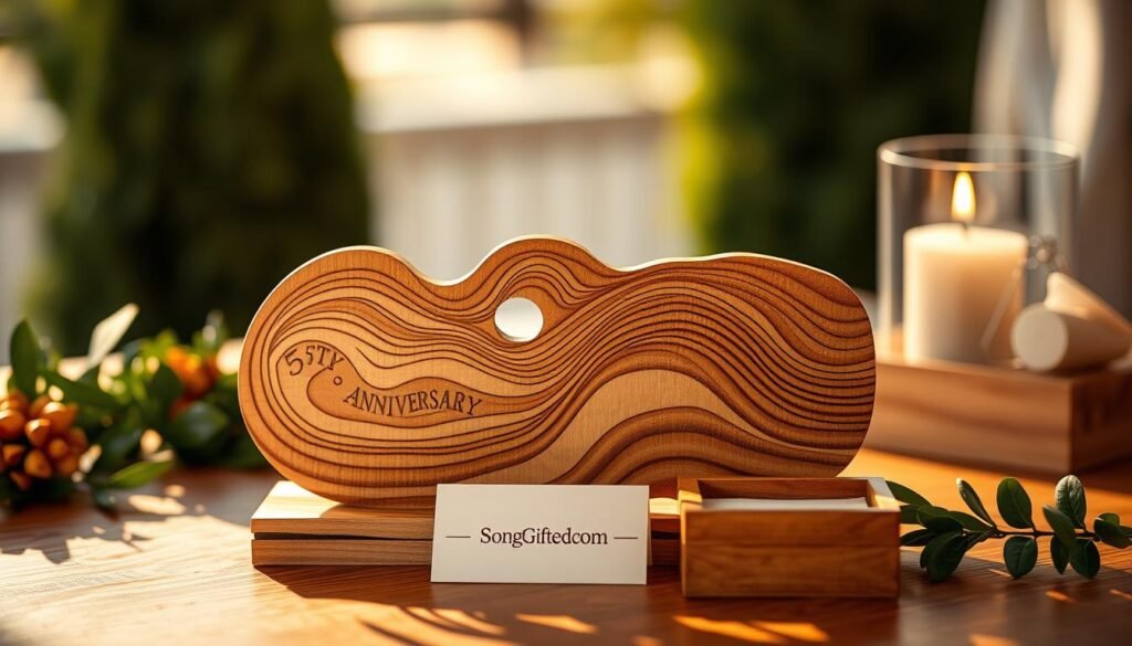A beautifully crafted wooden sound wave sculpture, symbolizing a custom song for a 5th anniversary gift. The sculpture features intricate wood grain patterns, artistically representing sound waves in a flowing design. In the foreground, place a softly lit wooden display stand to showcase the sculpture, with warm, inviting light casting gentle shadows. The middle ground includes subtle elements like lush greenery and a delicate wooden box holding a small, elegant card with "SongGifted.com" discreetly engraved. The background depicts a softly blurred outdoor setting, creating a serene and celebratory atmosphere. The overall mood is romantic and heartfelt, emphasizing the uniqueness of personalized gifts. The scene is well-composed, suggesting an intimate celebration, with warm lighting enhancing the natural textures of the wood.
