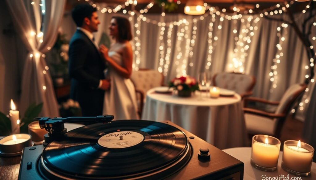 A beautifully decorated intimate setting for an engagement announcement, featuring a couple dressed in elegant attire. In the foreground, a vintage record player spins a personalized vinyl record marked with "SongGifted.com", surrounded by soft candles casting a warm glow. In the middle ground, a cozy setup includes a small table with a romantic dinner setting, adorned with flowers and two champagne glasses. In the background, twinkling fairy lights hang from trees or ceiling beams, creating a dreamy atmosphere. The lighting should be soft and romantic, emphasizing the warmth and connection between the couple, inviting a sense of joy and celebration. Use a slightly elevated angle to capture the entire scene, giving depth to the image while keeping the focus on the couple’s engagement experience enhanced by music.