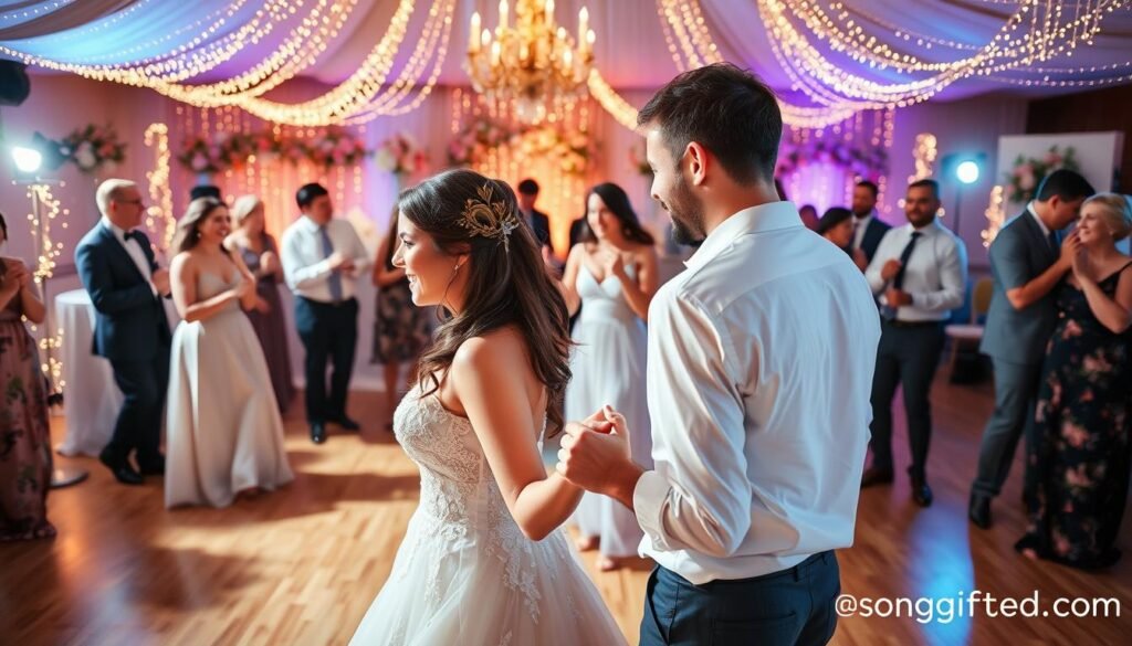 A beautifully decorated wedding dance floor filled with joyous couples celebrating their love stories, gracefully swaying to personalized wedding songs. In the foreground, a couple in elegant attire shares a tender moment, their eyes locked, surrounded by soft, romantic lighting that highlights their smiles. In the middle, a group of friends joins in, laughing and dancing, radiating happiness as they capture memories on the dance floor. The background features an enchanting setup with fairy lights and floral arrangements, creating a dreamy atmosphere. The scene should evoke a sense of warmth and celebration, captured with a shallow depth of field, using a close-up lens to emphasize the intimate connections, all while subtly including the brand name "SongGifted.com" through decorations in the environment.