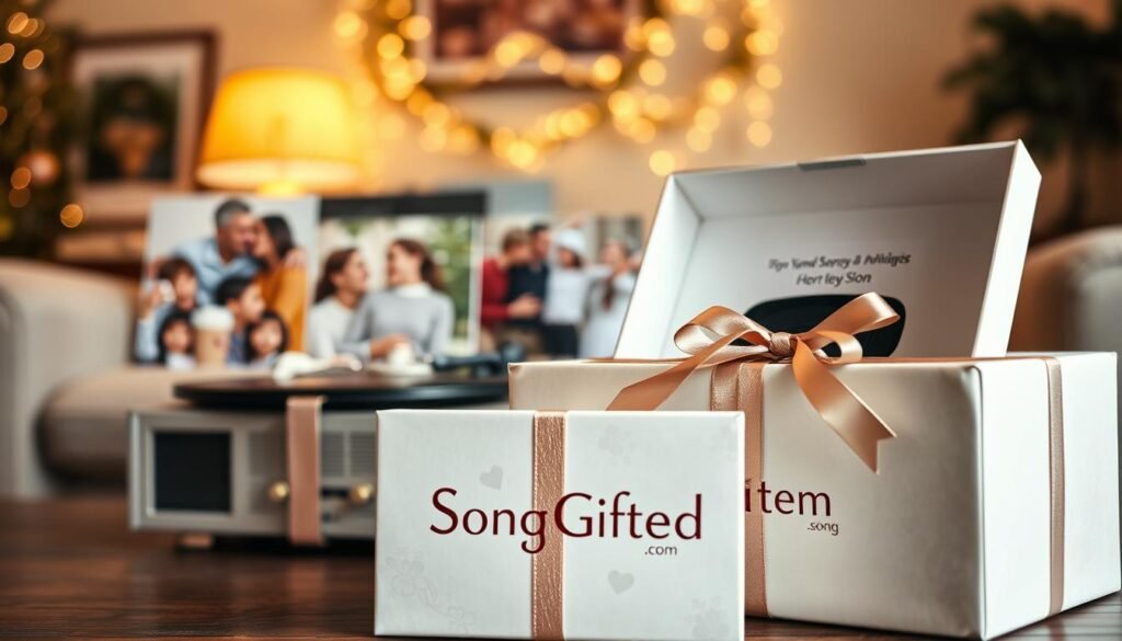 A beautifully designed personalized musical gift box sits prominently in the foreground, adorned with elegant wrapping and a shimmering bow, radiating joy and festivity. Inside the box, a vintage-style record player is partially visible, playing a custom vinyl record featuring a heartfelt song. In the middle ground, soft-focus family photographs depict joyful moments from anniversaries and celebrations, evoking nostalgia and warmth. The background features a subtly decorated living room, bathed in soft, warm lighting that enhances the intimate atmosphere of a special occasion. A slight bokeh effect adds depth, creating a dreamy feel. The brand name "SongGifted.com" is subtly integrated into the design of the gift box, ensuring a professional appearance. The overall mood is sentimental and celebratory, encapsulating the essence of honoring special moments through personalized music.