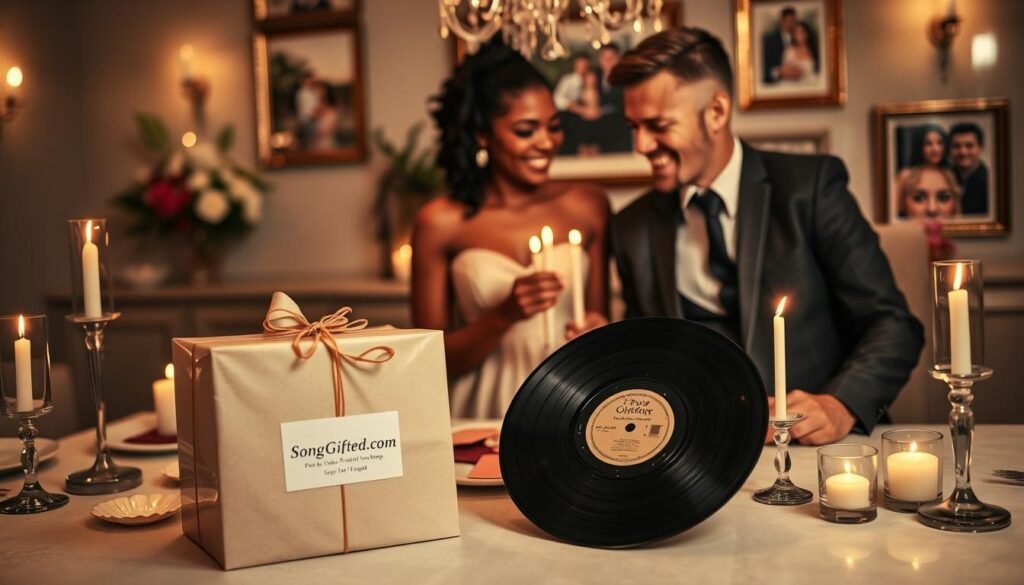A beautifully styled table setting for a romantic evening, adorned with soft, warm lighting from elegant candles. In the foreground, a personalized gift box with delicate wrapping stands beside a vinyl record featuring a custom love song. In the middle, a couple of diverse backgrounds—an African American woman in a classy dress and a Caucasian man in a tailored suit—sharing a moment of joy and surprise while observing the gift. In the background, a cozy dining space with flowers and framed photos of memorable moments together. The atmosphere is intimate and heartwarming, reflecting key occasions like anniversaries and birthdays. The scene subtly incorporates the branding "SongGifted.com" within the ambiance, enhancing the feel of a personalized musical gift experience. A beautifully styled table setting for a romantic evening, adorned with soft, warm lighting from elegant candles. In the foreground, a personalized gift box with delicate wrapping stands beside a vinyl record featuring a custom love song. In the middle, a couple of diverse backgrounds—an African American woman in a classy dress and a Caucasian man in a tailored suit—sharing a moment of joy and surprise while observing the gift. In the background, a cozy dining space with flowers and framed photos of memorable moments together. The atmosphere is intimate and heartwarming, reflecting key occasions like anniversaries and birthdays. The scene subtly incorporates the branding "SongGifted.com" within the ambiance, enhancing the feel of a personalized musical gift experience.