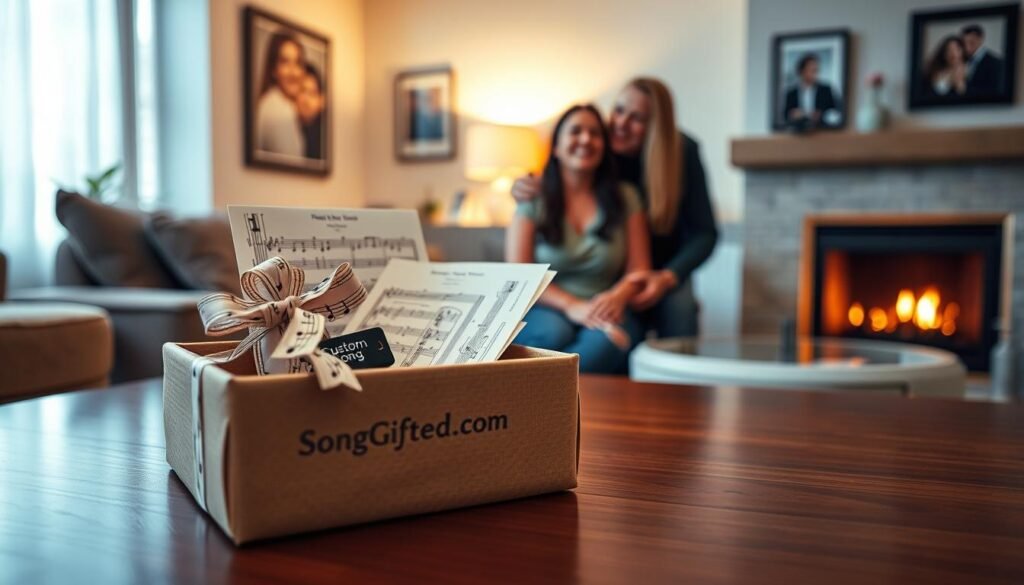 A beautifully wrapped gift box adorned with a musical note ribbon sits on a polished wooden table in the foreground. The box's lid is slightly ajar, revealing colorful sheet music and a small USB drive labeled "Custom Song". In the middle ground, a couple, dressed in smart casual attire, shares a joyful moment as they admire the gift, their expressions full of surprise and happiness. Soft, warm lighting illuminates the scene, creating an intimate atmosphere. In the background, a cozy living room setting is visible, with framed photos of the couple's memories and a gentle glow from a nearby fireplace. The brand "SongGifted.com" subtly appears on the gift box, enhancing the personalized aspect of the song gift without overpowering the scene. A beautifully wrapped gift box adorned with a musical note ribbon sits on a polished wooden table in the foreground. The box's lid is slightly ajar, revealing colorful sheet music and a small USB drive labeled "Custom Song". In the middle ground, a couple, dressed in smart casual attire, shares a joyful moment as they admire the gift, their expressions full of surprise and happiness. Soft, warm lighting illuminates the scene, creating an intimate atmosphere. In the background, a cozy living room setting is visible, with framed photos of the couple's memories and a gentle glow from a nearby fireplace. The brand "SongGifted.com" subtly appears on the gift box, enhancing the personalized aspect of the song gift without overpowering the scene.