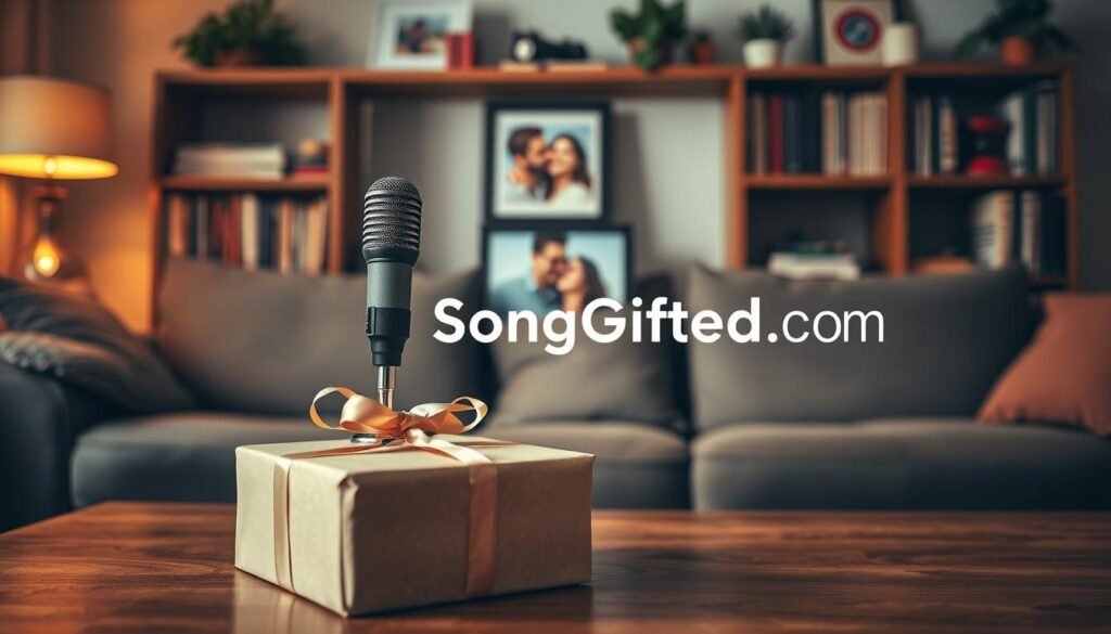 A beautifully wrapped gift box, adorned with a ribbon, sits on a wooden table in a cozy living room. In the foreground, the box is slightly open, revealing a vintage microphone, symbolizing a custom song gift. Soft, warm lighting creates a welcoming atmosphere, highlighting the intricate details of the gift. In the middle ground, a small framed photo of a happy couple enjoying a musical moment adds a personal touch. The background features a softly blurred bookshelf filled with music records and decorative plants, enhancing the cozy feel. The mood is joyful and intimate, perfect for showcasing the essence of personalized gifts. The brand name "SongGifted.com" is subtly incorporated into the design of the microphone stand.