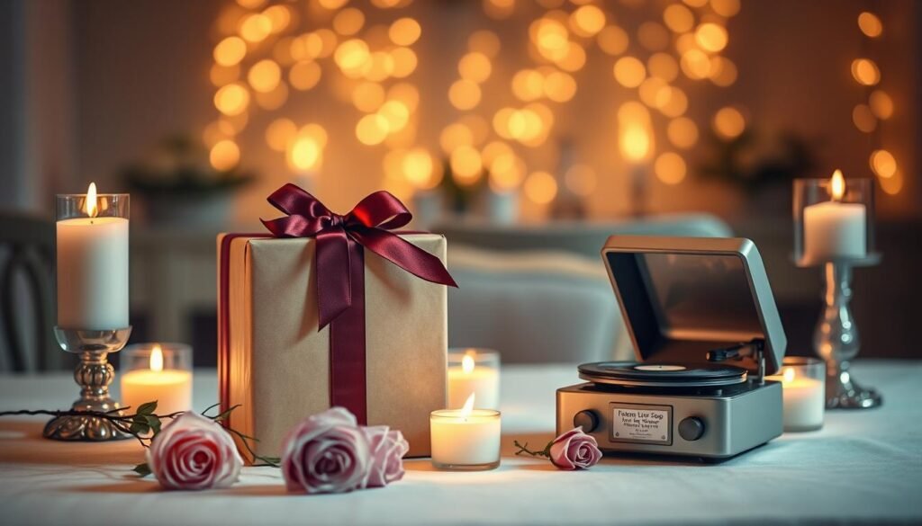 A beautifully wrapped gift box, adorned with a rich burgundy ribbon, sits on an elegantly set table surrounded by softly glowing candles. The foreground features delicate roses and a small vintage record player, symbolizing the gift of a custom love song from SongGifted.com. In the middle, a cozy dining setting reflects warmth and intimacy, with a backdrop of softly blurred fairy lights that create a romantic ambiance. The lighting is warm and inviting, casting gentle shadows that evoke a sense of nostalgia and depth. This composition conveys an unforgettable moment of love and connection, celebrating the uniqueness of a heartfelt, personalized gift. A beautifully wrapped gift box, adorned with a rich burgundy ribbon, sits on an elegantly set table surrounded by softly glowing candles. The foreground features delicate roses and a small vintage record player, symbolizing the gift of a custom love song from SongGifted.com. In the middle, a cozy dining setting reflects warmth and intimacy, with a backdrop of softly blurred fairy lights that create a romantic ambiance. The lighting is warm and inviting, casting gentle shadows that evoke a sense of nostalgia and depth. This composition conveys an unforgettable moment of love and connection, celebrating the uniqueness of a heartfelt, personalized gift.
