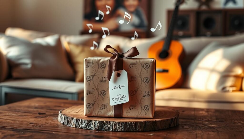 A beautifully wrapped gift box sits on a rustic wooden table, featuring an elegant ribbon and a tag reading "For You". Surrounding the gift, musical notes float in the air, symbolizing the essence of personalized music. In the background, a cozy living room setting with warm lighting casts a golden glow, creating a welcoming atmosphere. Soft pillows and a guitar lean against the wall, hinting at creativity and friendship. A subtle hint of the "SongGifted.com" logo can be seen on the gift tag. The scene is captured with a shallow depth of field, ensuring the gift box is the focal point, evoking feelings of warmth, joy, and intimate connection shared through music.