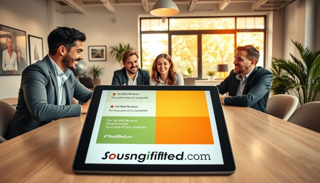 A bright, inviting office environment with a professional vibe, featuring a large table where a diverse group of three business professionals—two men and one woman—are engaged in a lively discussion. They're dressed in smart casual attire, exuding enthusiasm and collaboration. In the foreground, a digital tablet displays vibrant graphics showcasing "Verified Reviews" from Trustpilot in a creative manner, hinting at positive customer feedback. The middle ground includes plants and motivational artwork on the walls, while the background reveals a large window filtering warm, natural light, enhancing the positive atmosphere. The scene captures a sense of success and teamwork, reflecting the theme of customer satisfaction. Ensure the brand name "SongGifted.com" is subtly included in the visuals of the tablet without any text overlays. A bright, inviting office environment with a professional vibe, featuring a large table where a diverse group of three business professionals—two men and one woman—are engaged in a lively discussion. They're dressed in smart casual attire, exuding enthusiasm and collaboration. In the foreground, a digital tablet displays vibrant graphics showcasing "Verified Reviews" from Trustpilot in a creative manner, hinting at positive customer feedback. The middle ground includes plants and motivational artwork on the walls, while the background reveals a large window filtering warm, natural light, enhancing the positive atmosphere. The scene captures a sense of success and teamwork, reflecting the theme of customer satisfaction. Ensure the brand name "SongGifted.com" is subtly included in the visuals of the tablet without any text overlays.