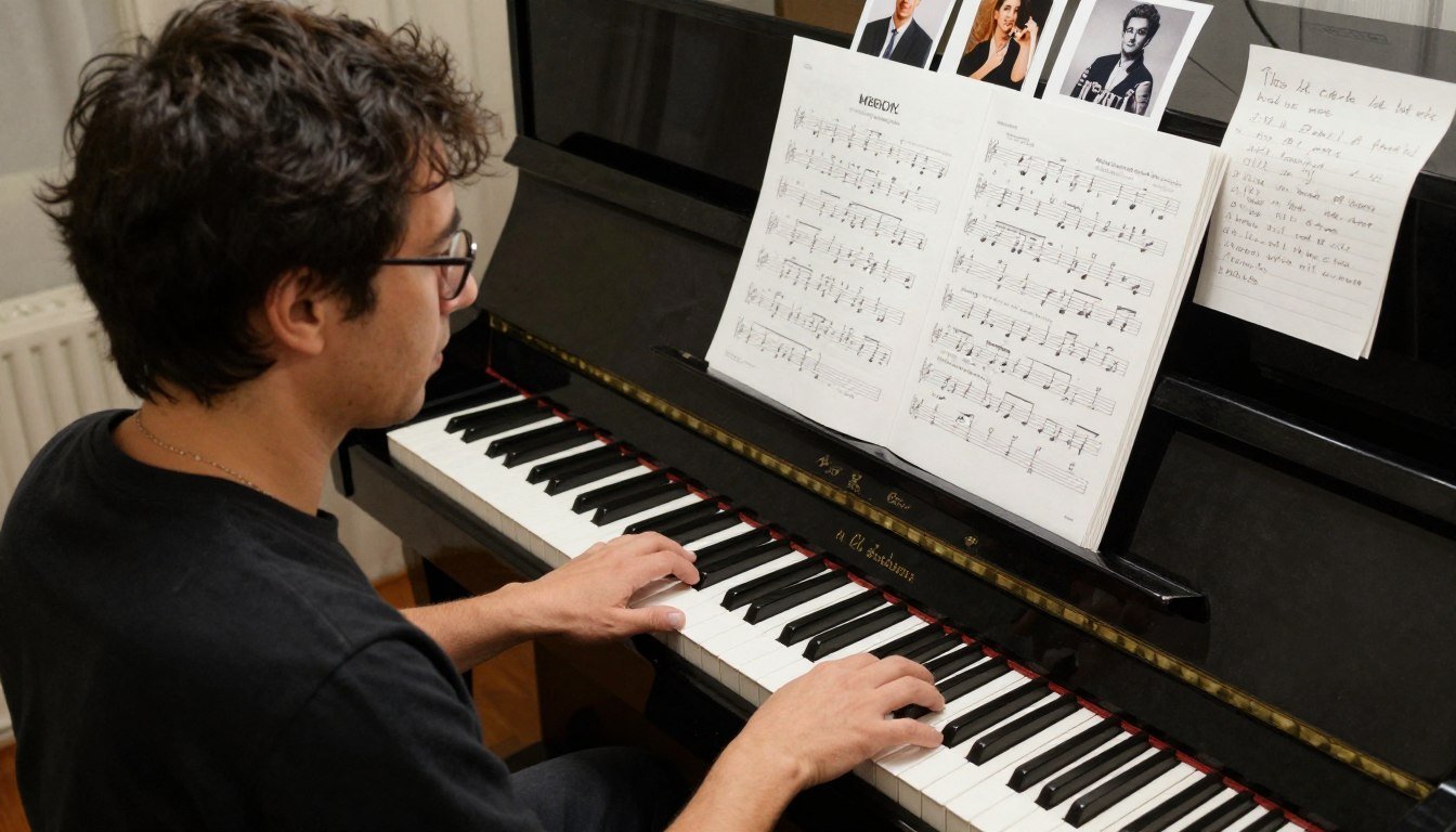 Composer creating a personalized song at a piano with sheet music and photos