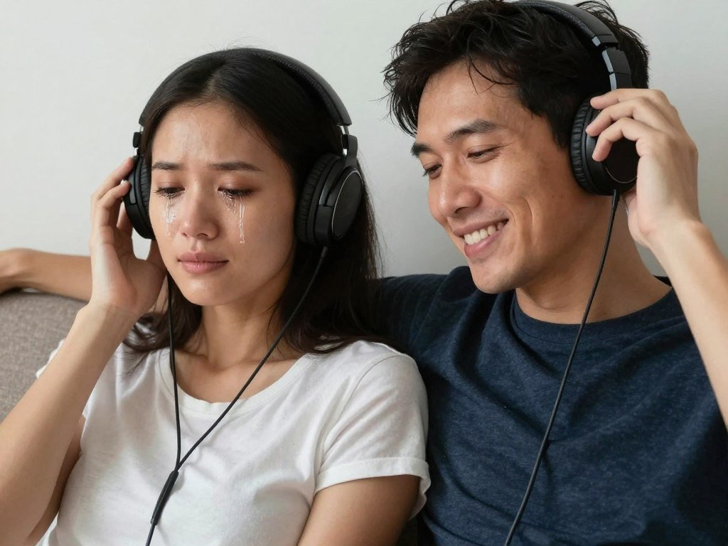 A couple listening to their personalized song with emotional expressions