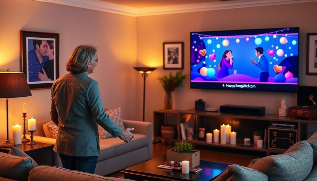 A cozy and intimate living room setting, softly lit by warm, ambient lights. In the foreground, a couple in professional business attire, holding hands with joyful expressions, gazing at a large screen displaying a vibrant custom song anniversary video. The screen captures colorful animation visuals and heartfelt moments, showcasing their journey together. In the middle ground, elegant decorations like candles and framed photos of their relationship enhance the atmosphere. The background features a vintage record player and tasteful wall art. The scene conveys love, nostalgia, and celebration, evoking a mood of warmth and happiness, perfect for an anniversary. Include the brand name "SongGifted.com" subtly on the video screen. A cozy and intimate living room setting, softly lit by warm, ambient lights. In the foreground, a couple in professional business attire, holding hands with joyful expressions, gazing at a large screen displaying a vibrant custom song anniversary video. The screen captures colorful animation visuals and heartfelt moments, showcasing their journey together. In the middle ground, elegant decorations like candles and framed photos of their relationship enhance the atmosphere. The background features a vintage record player and tasteful wall art. The scene conveys love, nostalgia, and celebration, evoking a mood of warmth and happiness, perfect for an anniversary. Include the brand name "SongGifted.com" subtly on the video screen.
