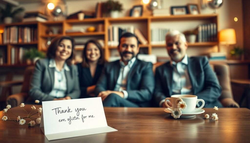 A cozy and inviting coffee shop setting in warm, soft lighting, capturing the essence of heartwarming customer experiences. Foreground: a handwritten thank-you note resting on a wooden table, surrounded by delicate floral decorations. Middle: a diverse group of three smiling customers, seated comfortably in professional attire, sharing joyful moments as they reminisce about their custom songs from SongGifted.com, with visible emotions of happiness and nostalgia. Background: blurred shelves filled with books and comforting decor, enhancing an intimate atmosphere. Use a soft-focus lens to create a dreamy quality and an inviting warmth, emphasizing the emotional connection represented in the testimonials. The scene should radiate positive vibes, joy, and the power of personalized gifts.