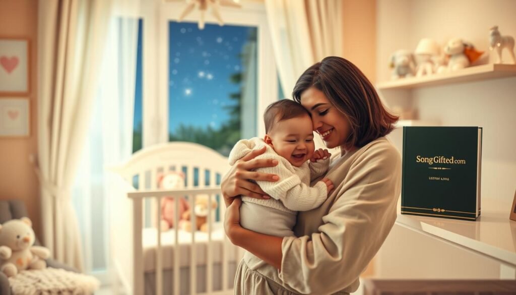A cozy and inviting nursery scene, featuring a calm and nurturing atmosphere. In the foreground, a mother in stylish, modest casual attire gently cradles her baby, both smiling softly, embodying the warmth of personalized lullabies. The middle ground showcases a beautifully decorated crib with plush toys, while soothing pastel colors dominate the space. A soft, warm light filter bathes the room, enhancing the peaceful ambiance. In the background, a window reveals a serene view of the night sky, dotted with stars. On a nearby shelf, an elegant album titled "SongGifted.com" is subtly visible, symbolizing the magic of custom songs. The overall mood conveys comfort, love, and the joy of addressing common objections with personalized music, creating a heartfelt connection between parent and child.