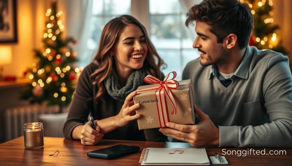 A cozy and inviting scene depicting a couple sitting together at a table surrounded by warm holiday decorations. In the foreground, the woman is animatedly expressing her feelings, holding a beautifully wrapped gift box labeled "Custom Song" that symbolizes overcoming common objections. The man, wearing smart casual attire, listens intently, showing a mix of curiosity and understanding. Soft, warm lighting creates a festive atmosphere, highlighting sparkling Christmas lights in the background. On the table, there's a subtle hint of a music note design to represent the custom song, with items like a notepad and a pen suggesting creativity and planning. The mood is optimistic and hopeful, illustrating the joy of holiday engagement with a personal touch, featuring the brand name "SongGifted.com" subtly integrated into the scene.
