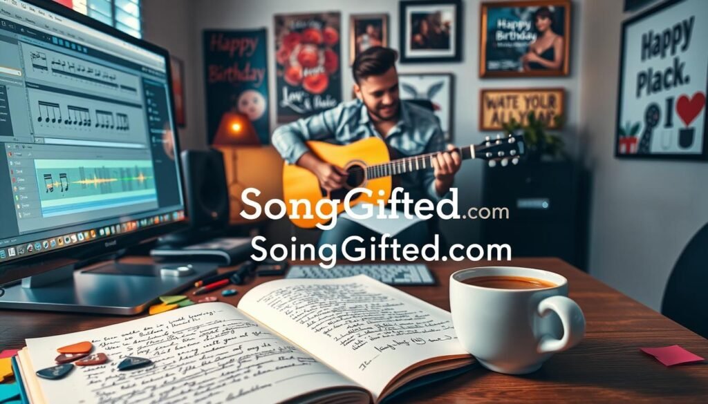 A cozy and inviting workspace for crafting custom songs, with a computer displaying a music editing software interface, reflecting a vibrant musical theme. In the foreground, an open notebook filled with handwritten lyrics, surrounded by colorful sticky notes, guitar picks, and a steaming cup of coffee. In the middle, a musician in professional casual attire passionately playing an acoustic guitar, while a notepad rests on their knee. The background features walls adorned with inspirational music posters and framed photos of happy birthday celebrations. Soft, warm lighting casts a welcoming glow throughout the scene, giving it an atmosphere of creativity and joy. The brand name "SongGifted.com" is subtly incorporated within the workspace’s decor without dominating the image.