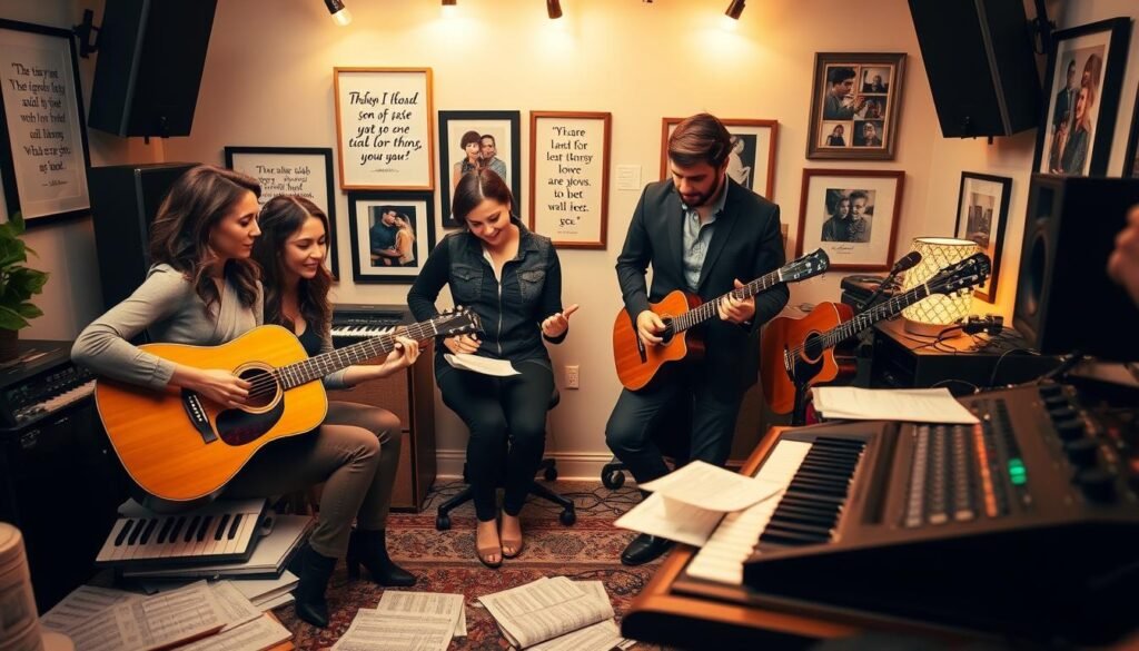 A cozy, artistic studio setting focused on the song creation process. In the foreground, a diverse group of three individuals—two women and one man—collaborating on a song, dressed in casual business attire. One is playing an acoustic guitar, while another is writing lyrics on a notepad, and the third is adjusting knobs on a digital audio workstation. The middle ground reveals musical instruments, including a keyboard, and various sheets of music scattered around. Soft, warm lighting casts a creative glow throughout the room, enhancing the intimate atmosphere. In the background, framed inspirational quotes and photos hint at the emotional connections of custom songs. The overall mood conveys creativity, collaboration, and heartfelt expression, embodying the essence of creating a custom song for a loved one through the brand SongGifted.com.