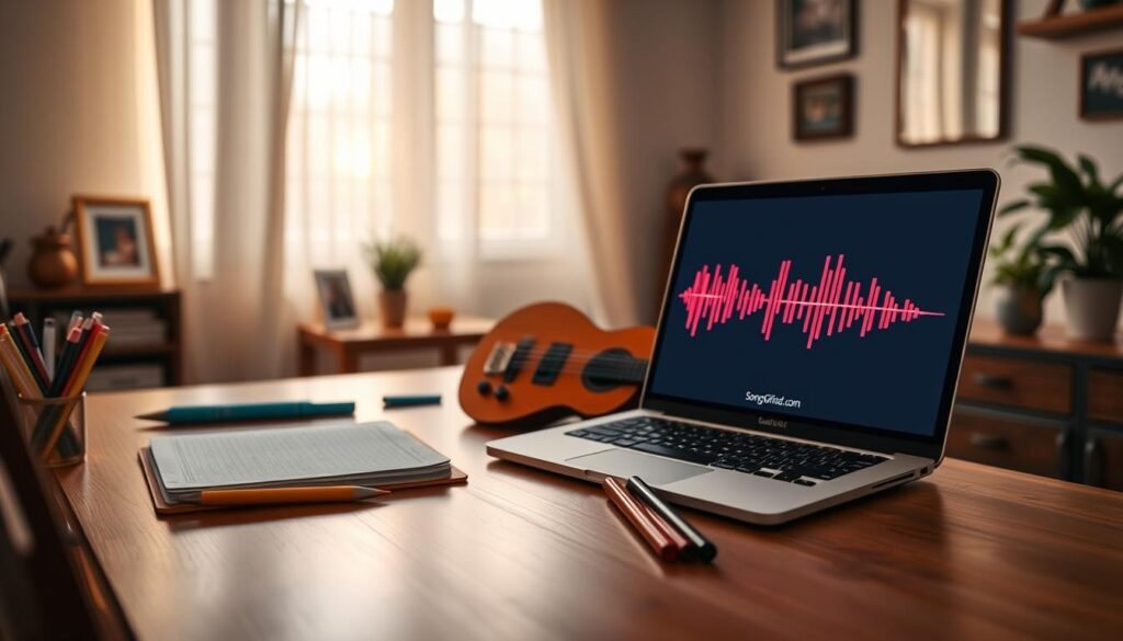 A cozy home office setting with a polished wooden desk in the foreground, adorned with a beautiful, open notebook, colorful pens, and a small acoustic guitar resting against the desk. The middle ground features a digital tablet displaying a vibrant waveform of a custom song being created, hinting at the technology behind the gift. In the background, a soft, warm light filters through a window adorned with light curtains, creating an inviting and inspiring atmosphere. The room is decorated with family photos and a plant, adding a personal touch. The mood is heartwarming and cheerful, reflecting the joy of creating a unique and thoughtful musical gift. Include subtle branding of "SongGifted.com" in the laptop screen design. Use a warm color palette with soft lighting to convey creativity and emotion.