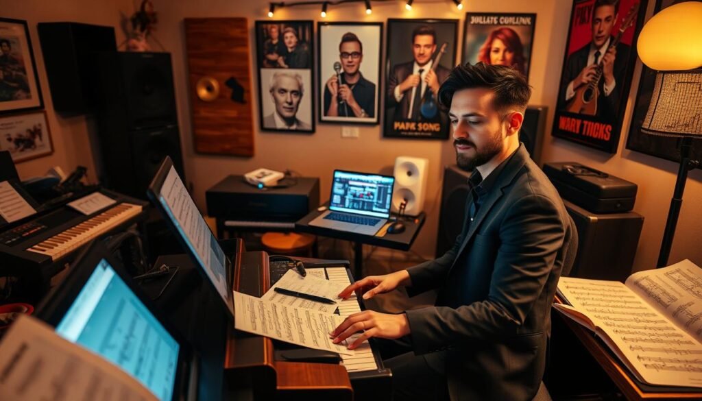 A cozy home studio filled with musical instruments, where creativity flows. In the foreground, a focused musician in smart casual attire sits at a sleek piano, composing a personalized song, their expression radiant with inspiration. In the middle, vibrant sheets of music are scattered around, some scribbled with notes and lyrics. A laptop glows softly, displaying music production software. The background showcases a wall adorned with framed acoustic panels and posters of famous songwriters, enhancing the artistic ambiance. Warm, ambient lighting bathes the scene, casting gentle shadows that evoke a feeling of intimacy and creativity. The atmosphere is lively yet serene, inviting viewers into the enchanting world of custom song creation. Include elements related to SongGifted.com subtly integrated into the setting, enhancing the theme without dominating the image. A cozy home studio filled with musical instruments, where creativity flows. In the foreground, a focused musician in smart casual attire sits at a sleek piano, composing a personalized song, their expression radiant with inspiration. In the middle, vibrant sheets of music are scattered around, some scribbled with notes and lyrics. A laptop glows softly, displaying music production software. The background showcases a wall adorned with framed acoustic panels and posters of famous songwriters, enhancing the artistic ambiance. Warm, ambient lighting bathes the scene, casting gentle shadows that evoke a feeling of intimacy and creativity. The atmosphere is lively yet serene, inviting viewers into the enchanting world of custom song creation. Include elements related to SongGifted.com subtly integrated into the setting, enhancing the theme without dominating the image.