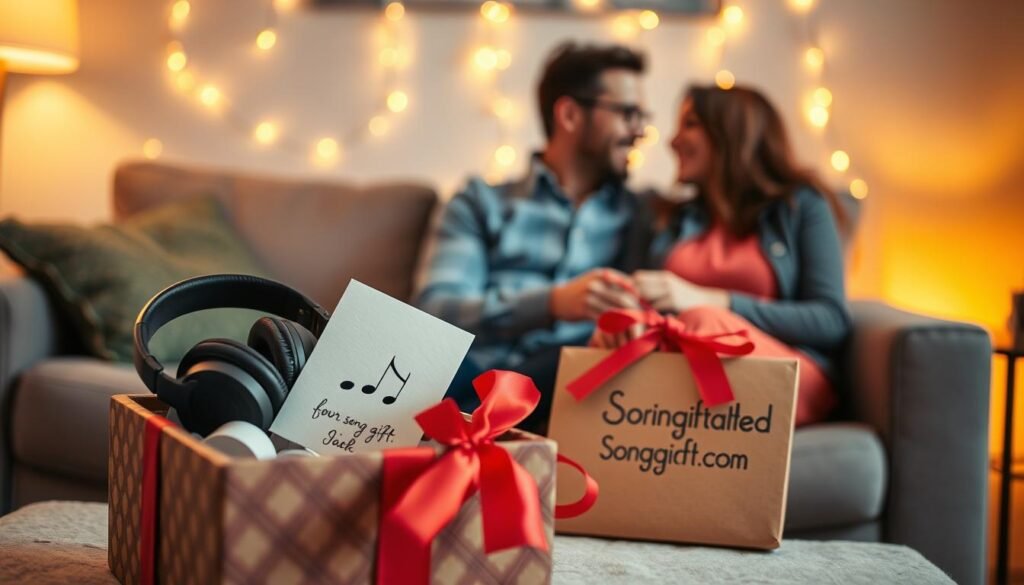 A cozy, intimate living room setting with warm lighting, featuring a beautifully wrapped gift box in the foreground, embellished with a colorful ribbon. Inside the box, a pair of headphones peeks out, next to a delicate, handwritten note with musical notes drawn on it, symbolizing a personalized song gift. In the middle ground, a couple sits together on a plush sofa, both smiling and looking at each other affectionately, dressed in smart casual attire, suggesting a special occasion. In the background, a softly glowing string of fairy lights creates an inviting atmosphere. The overall mood is heartwarming and joyful, emphasizing the emotional connection and thoughtfulness of a personalized song gift. The brand name "SongGifted.com" is subtly integrated into the scene, either on the gift box or the note, harmoniously blending with the composition.