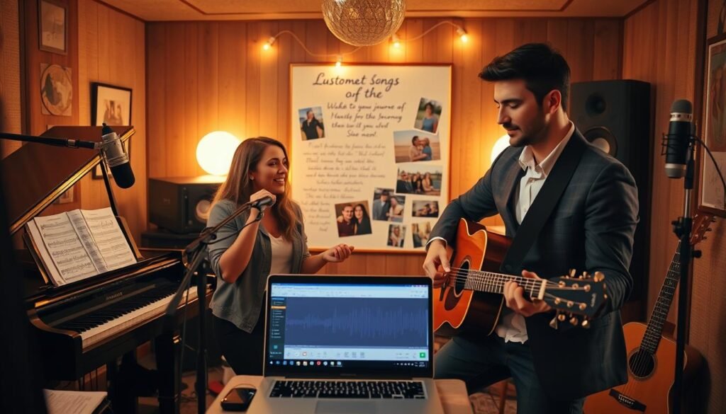 A cozy, intimate music studio filled with instruments, like a grand piano, guitar, and a variety of microphones. In the foreground, a couple shares a moment of creativity, surrounded by sheets of music and a laptop displaying a waveform editor. The woman, dressed in casual but professional attire, sings passionately into a microphone, while the man, wearing a smart-casual outfit, plays the guitar, his face lit with inspiration. In the middle, a mood board with song lyrics and photographs illustrating their journey together. The background features warm lighting that creates a magical atmosphere, emphasizing the uniqueness of custom songs. The scene embodies a sense of connection and creativity, reflecting the personalized music creation process from SongGifted.com, capturing the essence of love and artistry.
