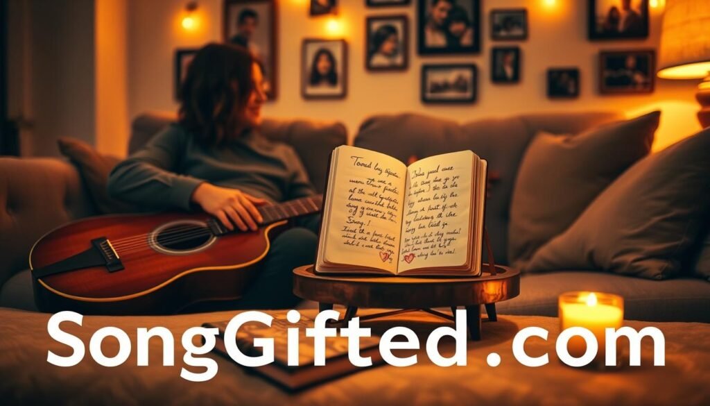 A cozy, intimate setting depicting a couple sitting together on a soft, plush couch in a warmly lit room. The foreground features a vintage guitar resting beside them, symbolizing the creation of a custom love song. In the middle, a beautifully decorated notebook filled with handwritten lyrics sits on a small coffee table, illuminated by gentle candlelight. The background shows a wall adorned with framed pictures of shared memories, creating a sense of nostalgia and love. The overall atmosphere is romantic and inviting, with a soft focus effect that enhances the warmth and intimacy of the scene. The brand name "SongGifted.com" subtly incorporated into the design elements, ensuring no text overlays or distractions in the image. A cozy, intimate setting depicting a couple sitting together on a soft, plush couch in a warmly lit room. The foreground features a vintage guitar resting beside them, symbolizing the creation of a custom love song. In the middle, a beautifully decorated notebook filled with handwritten lyrics sits on a small coffee table, illuminated by gentle candlelight. The background shows a wall adorned with framed pictures of shared memories, creating a sense of nostalgia and love. The overall atmosphere is romantic and inviting, with a soft focus effect that enhances the warmth and intimacy of the scene. The brand name "SongGifted.com" subtly incorporated into the design elements, ensuring no text overlays or distractions in the image.