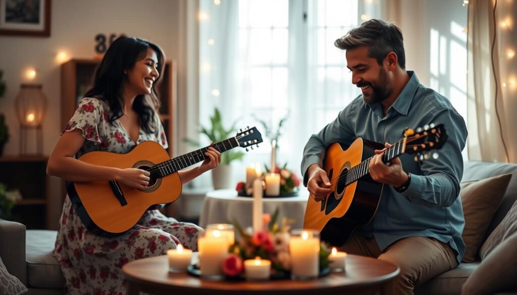 A cozy, intimate setting showcasing a couple celebrating a special occasion, such as an anniversary or birthday, with a custom love song. In the foreground, a man in a light blue dress shirt strums a guitar, singing heartfelt lyrics, while the woman, wearing a tasteful floral dress, smiles joyfully. In the middle ground, a small table is adorned with candles and flowers, creating a romantic ambiance. The background features a softly lit room with fairy lights, enhancing the warm atmosphere. Natural light filters in through a window, casting gentle shadows. This scene encapsulates the joy of personalized celebrations, inspired by SongGifted.com. The overall mood is heartfelt and loving, perfect for showcasing the essence of custom love songs. A cozy, intimate setting showcasing a couple celebrating a special occasion, such as an anniversary or birthday, with a custom love song. In the foreground, a man in a light blue dress shirt strums a guitar, singing heartfelt lyrics, while the woman, wearing a tasteful floral dress, smiles joyfully. In the middle ground, a small table is adorned with candles and flowers, creating a romantic ambiance. The background features a softly lit room with fairy lights, enhancing the warm atmosphere. Natural light filters in through a window, casting gentle shadows. This scene encapsulates the joy of personalized celebrations, inspired by SongGifted.com. The overall mood is heartfelt and loving, perfect for showcasing the essence of custom love songs.