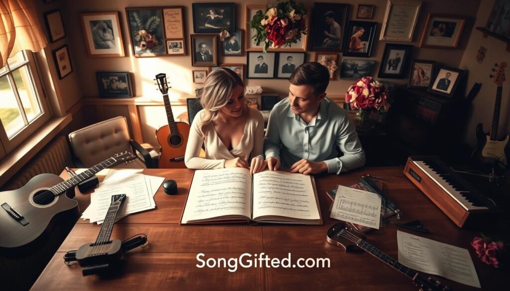 A cozy, intimate setting where a couple sits together at a wooden table, surrounded by an assortment of musical instruments like a guitar, keyboard, and sheet music scattered about. The foreground features the couple, both dressed in modest, elegant attire, absorbed in writing and sharing their wedding vows. Soft, warm lighting from a nearby window casts a golden hue over the scene, creating a romantic atmosphere. In the middle, an open notebook filled with handwritten lyrics lies between them, symbolizing their love story in words. The background features a quaint room with musical decor—pictures of famous love songs, framed memories, and fresh flowers adding to the ambiance. The overall mood is heartfelt and inspiring, capturing the essence of crafting a custom song for their vows, with the brand name SongGifted.com subtly present in the decor.
