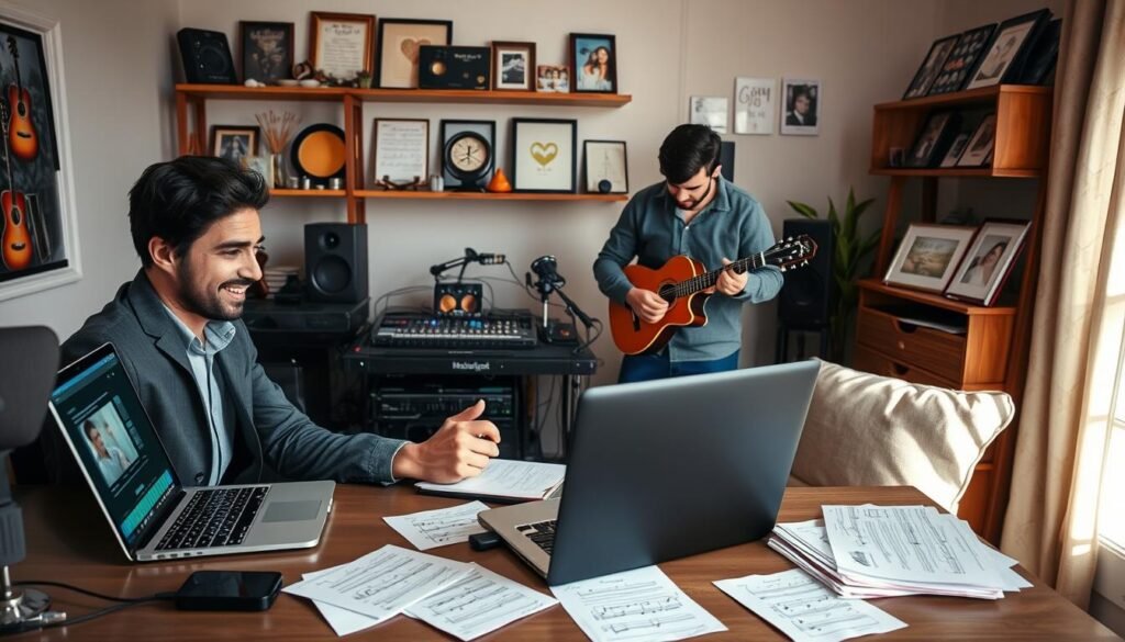 A cozy, inviting home office scene reflecting the personalized song creation process. In the foreground, a friendly songwriter, dressed in professional business attire, sits at a modern desk, gazing thoughtfully at a laptop screen showing music creation software. Scattered around are sheets of handwritten lyrics and a guitar. In the middle, a music producer, casually dressed, is adjusting sound equipment while discussing ideas with the songwriter, highlighting collaboration. The background features shelves filled with musical awards and family photos, evoking a warm atmosphere of love and creativity. Soft, natural light filters through a nearby window, creating a sense of hope and connection. Overall, the image encapsulates the heartfelt journey of crafting custom songs for loved ones overseas with SongGifted.com. A cozy, inviting home office scene reflecting the personalized song creation process. In the foreground, a friendly songwriter, dressed in professional business attire, sits at a modern desk, gazing thoughtfully at a laptop screen showing music creation software. Scattered around are sheets of handwritten lyrics and a guitar. In the middle, a music producer, casually dressed, is adjusting sound equipment while discussing ideas with the songwriter, highlighting collaboration. The background features shelves filled with musical awards and family photos, evoking a warm atmosphere of love and creativity. Soft, natural light filters through a nearby window, creating a sense of hope and connection. Overall, the image encapsulates the heartfelt journey of crafting custom songs for loved ones overseas with SongGifted.com.