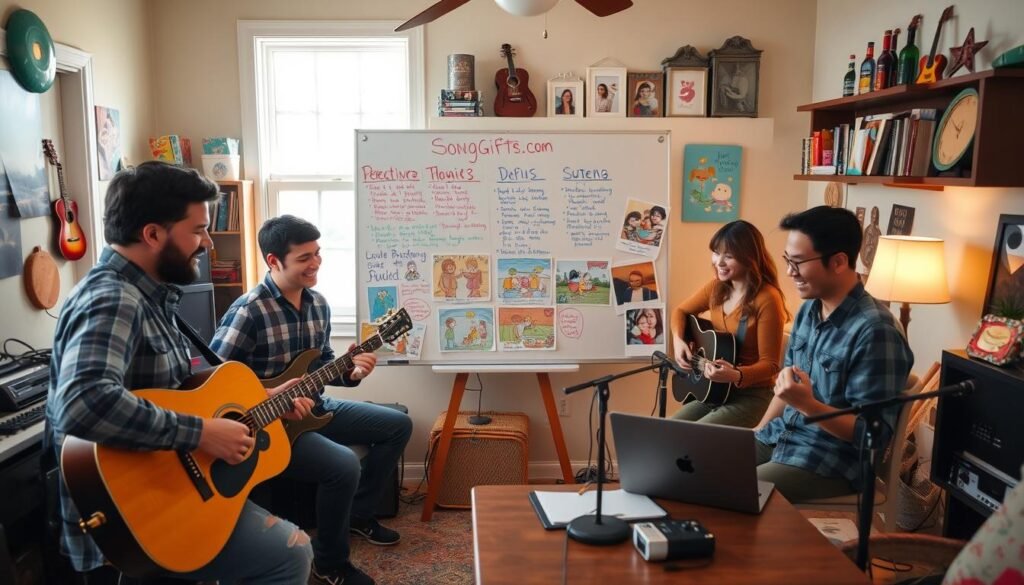 A cozy, inviting home studio filled with musical instruments, sound equipment, and colorful decorations. In the foreground, a diverse group of three individuals—two musicians and one organizer—are engaged in a lively discussion, all dressed in modest casual clothing. One musician is playing a guitar, while the other takes notes on a laptop, capturing creative ideas. In the middle, a large whiteboard displays colorful sketches of song themes and lyrics, surrounded by photos of happy families celebrating with music. The background features shelves lined with personalized gifts from "SongGifted.com" and window light casting a warm glow, enhancing the creative atmosphere. The scene conveys excitement and joy, showcasing the collaborative spirit of the custom song creation process. A cozy, inviting home studio filled with musical instruments, sound equipment, and colorful decorations. In the foreground, a diverse group of three individuals—two musicians and one organizer—are engaged in a lively discussion, all dressed in modest casual clothing. One musician is playing a guitar, while the other takes notes on a laptop, capturing creative ideas. In the middle, a large whiteboard displays colorful sketches of song themes and lyrics, surrounded by photos of happy families celebrating with music. The background features shelves lined with personalized gifts from "SongGifted.com" and window light casting a warm glow, enhancing the creative atmosphere. The scene conveys excitement and joy, showcasing the collaborative spirit of the custom song creation process.