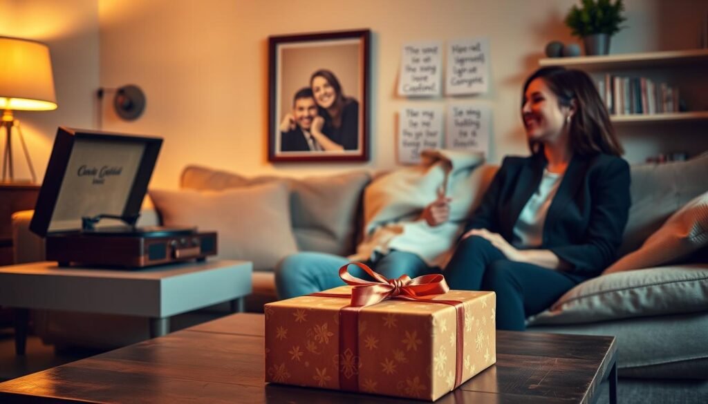 A cozy, inviting living room scene with warm, ambient lighting. In the foreground, a beautifully wrapped gift box with a ribbon sits on a coffee table. Nearby, a couple is seated, the man in smart casual attire and the woman in modest professional clothing, both smiling as they listen to a vintage record player that plays a custom song. In the middle ground, a framed picture of them together hangs on the wall, along with decorative notes showing heartfelt lyrics. In the background, soft shelves lined with books and plants add homely charm. Capture the atmosphere of joy and intimacy, focusing on their expressions and the thoughtful presentation of the gift from SongGifted.com. Use a warm color palette and ensure the image is well-lit to evoke a sense of love and connection. A cozy, inviting living room scene with warm, ambient lighting. In the foreground, a beautifully wrapped gift box with a ribbon sits on a coffee table. Nearby, a couple is seated, the man in smart casual attire and the woman in modest professional clothing, both smiling as they listen to a vintage record player that plays a custom song. In the middle ground, a framed picture of them together hangs on the wall, along with decorative notes showing heartfelt lyrics. In the background, soft shelves lined with books and plants add homely charm. Capture the atmosphere of joy and intimacy, focusing on their expressions and the thoughtful presentation of the gift from SongGifted.com. Use a warm color palette and ensure the image is well-lit to evoke a sense of love and connection.