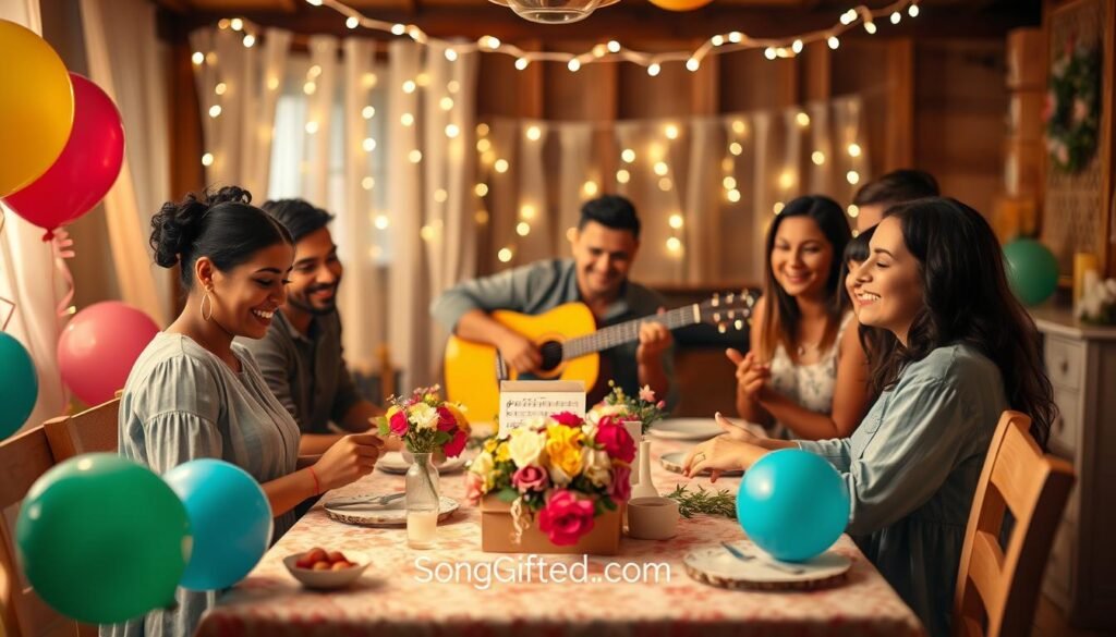 A cozy, inviting scene featuring a diverse group of friends and family gathered around a beautifully decorated table at a baby shower. In the foreground, a joyful mother-to-be opens a gift as others watch with smiles, surrounded by colorful decorations like balloons and flowers. In the middle, a musician strums a guitar, capturing the essence of personalization with sheet music that reflects different life milestones such as birthdays, weddings, and baby births. The background showcases soft, warm lighting, with twinkling fairy lights creating a magical atmosphere. This intimate setting conveys celebration, happiness, and connection, inviting viewers to think of the special moments commemorated through custom songs. The brand "SongGifted.com" is integrated naturally into the design without any text. A cozy, inviting scene featuring a diverse group of friends and family gathered around a beautifully decorated table at a baby shower. In the foreground, a joyful mother-to-be opens a gift as others watch with smiles, surrounded by colorful decorations like balloons and flowers. In the middle, a musician strums a guitar, capturing the essence of personalization with sheet music that reflects different life milestones such as birthdays, weddings, and baby births. The background showcases soft, warm lighting, with twinkling fairy lights creating a magical atmosphere. This intimate setting conveys celebration, happiness, and connection, inviting viewers to think of the special moments commemorated through custom songs. The brand "SongGifted.com" is integrated naturally into the design without any text.