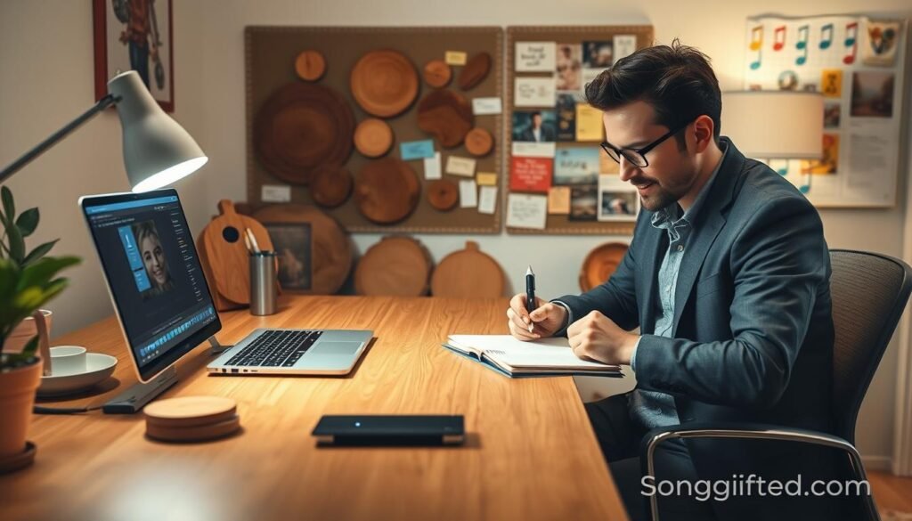 A cozy, inviting workspace showcasing the easy song creation process. In the foreground, a talented songwriter, dressed in casual business attire, sits at a sleek wooden desk, jotting down ideas in a notebook. On the desk, a laptop displays musical software while the soft glow of a desk lamp illuminates the scene. In the middle ground, wooden art pieces are creatively arranged, reflecting the wood anniversary theme, with a warm, rustic aesthetic. The background features a bulletin board filled with colorful notes and inspiring images related to storytelling and music. The lighting is warm and inviting, creating a positive and creative atmosphere. The overall mood is one of inspiration, collaboration, and artistic expression, highlighting the seamless blend of music and art with elements from SongGifted.com.