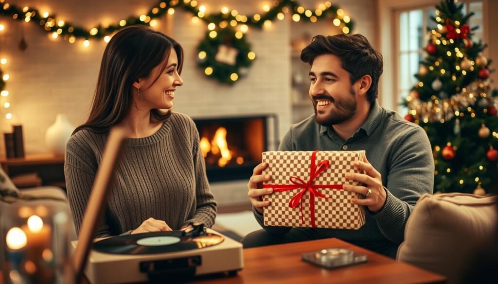 A cozy living room during the holiday season, softly lit by warm string lights and a crackling fireplace in the background. In the foreground, a smiling couple in modest casual attire shares a heartfelt moment as they listen to a custom song being played on a vintage record player. The woman holds a beautifully wrapped gift box labeled "SongGifted.com," while the man looks surprised and delighted. Subtle holiday decorations like a Christmas tree with ornaments and garlands set the ambiance. The scene captures an intimate and joyful atmosphere, emphasizing the emotional impact of personalized music as a special gift. The focus is on their expressions, framed with a shallow depth of field to highlight the couple amidst the festive yet warm environment.