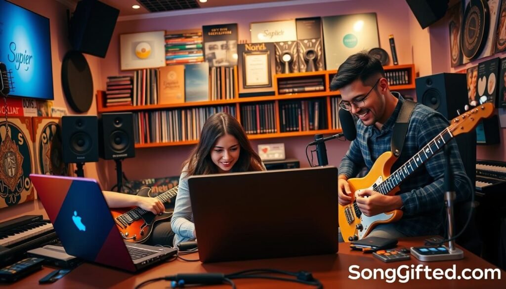 A cozy, modern music studio filled with vibrant colors and technology, depicting the custom song creation process. In the foreground, a diverse group of three people—two men and one woman—are collaborating passionately over a laptop, surrounded by musical instruments like a guitar and keyboard. The woman, dressed in smart casual attire, is intently tuning the melody, while one man, in a business casual outfit, is jotting down notes. In the middle ground, sound panels and a professional microphone are visible, and the atmosphere is warm with soft, ambient lighting. The background shows shelves filled with vinyl records and music awards. The overall mood is creative and innovative, illustrating the magic behind custom songs, with subtle branding of "SongGifted.com" incorporated in the studio decor. A cozy, modern music studio filled with vibrant colors and technology, depicting the custom song creation process. In the foreground, a diverse group of three people—two men and one woman—are collaborating passionately over a laptop, surrounded by musical instruments like a guitar and keyboard. The woman, dressed in smart casual attire, is intently tuning the melody, while one man, in a business casual outfit, is jotting down notes. In the middle ground, sound panels and a professional microphone are visible, and the atmosphere is warm with soft, ambient lighting. The background shows shelves filled with vinyl records and music awards. The overall mood is creative and innovative, illustrating the magic behind custom songs, with subtle branding of "SongGifted.com" incorporated in the studio decor.