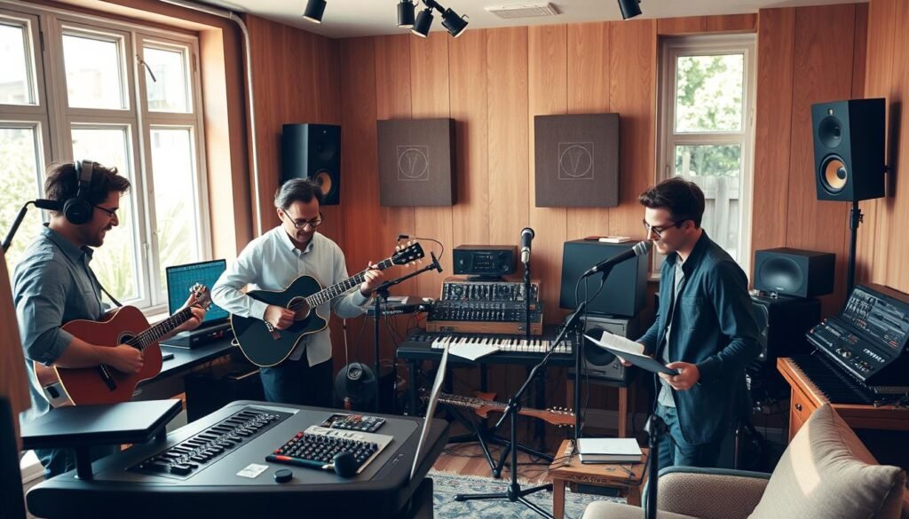 A warm, cozy home studio setting where a songwriter creates a custom anniversary song. In the foreground, a musician sits at a wooden desk with sheet music, a guitar, and a laptop open, depicting the songwriting process. Their attire is casual yet professional, conveying creativity and focus. In the middle ground, various instruments like a keyboard and a microphone are arranged, enhancing the musical atmosphere. The background features soft, ambient lighting with shelves filled with music awards and framed photographs of couples celebrating anniversaries. The overall mood is inspiring and intimate, suggesting love and creativity intermingling. Capture this scene with a slightly blurred depth of field, emphasizing the songwriter while creating an inviting, warm ambiance. Include subtle branding elements related to "SongGifted.com" integrated into the decor, ensuring it remains elegant and unobtrusive. A cozy, modern studio filled with musical instruments and creative tools, showcasing the song creation process. In the foreground, a diverse group of three professionals in business casual attire collaborates over a digital audio workstation, deeply engaged in composing a custom song. One is playing a guitar, another is mixing sounds on a laptop, and the third is jotting down lyrics on a notepad. In the middle, various instruments like keyboards, microphones, and sound equipment are artfully arranged. In the background, windows let in warm, natural light, creating an inspiring atmosphere. Soft shadows add depth to the scene, while a subtle hint of greenery through the windows enhances the uplifting mood, perfectly representing the essence of SongGifted.com.