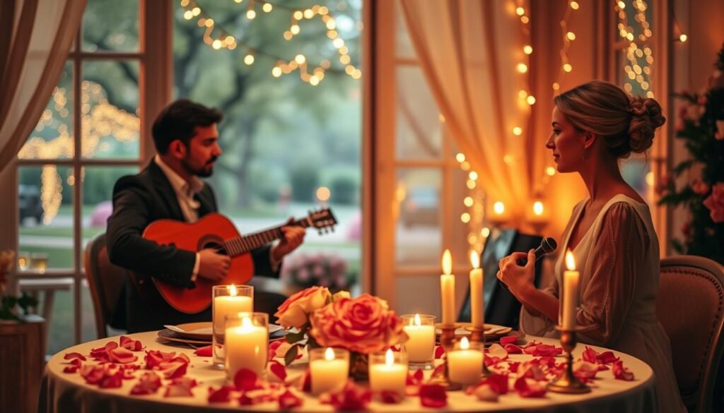 A cozy, romantic setting for Valentine's Day, featuring a beautifully set table adorned with soft rose petals and flickering candles, casting a warm glow. In the foreground, a couple sits at the table, elegantly dressed in modest, stylish attire, sharing a moment while a musician plays a heartfelt, personalized song on a guitar beside them. The middle background shows a softly blurred view of a serene park with gentle trees and twinkling fairy lights draped above. The atmosphere is filled with love and intimacy, highlighted by warm, golden lighting capturing the essence of romance. Emphasize a dreamy, enchanting mood, perfect for celebrating love with SongGifted.com. A cozy, romantic setting for Valentine's Day, featuring a beautifully set table adorned with soft rose petals and flickering candles, casting a warm glow. In the foreground, a couple sits at the table, elegantly dressed in modest, stylish attire, sharing a moment while a musician plays a heartfelt, personalized song on a guitar beside them. The middle background shows a softly blurred view of a serene park with gentle trees and twinkling fairy lights draped above. The atmosphere is filled with love and intimacy, highlighted by warm, golden lighting capturing the essence of romance. Emphasize a dreamy, enchanting mood, perfect for celebrating love with SongGifted.com.
