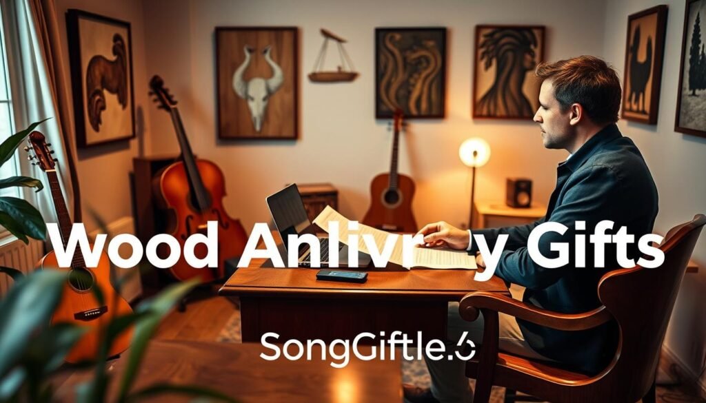 A cozy studio setting showcasing the creation of a personalized song. In the foreground, a skilled songwriter sits at an elegant wooden desk, deep in thought, with sheet music and a laptop open. The songwriter, dressed in polished casual attire, gestures gracefully as musical notes flow from their fingertips, symbolizing creativity. In the middle ground, wooden instruments like a guitar and a cello create a harmonious ambiance. The background features warm, soft lighting that illuminates wooden artwork on the walls, embodying the theme of wood anniversary gifts. A gentle, inspiring atmosphere permeates the space, inviting viewers to experience the magic of custom song creation. The branding "SongGifted.com" subtly appears as part of the scene’s decor, enhancing the ambiance.