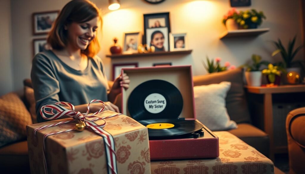 A cozy, warmly lit living room setting featuring a beautifully wrapped gift box with a musical element, such as a small musical note charm attached to the ribbon. In the foreground, a young woman, dressed in a modest casual outfit, is excitedly unwrapping the gift, revealing a vintage-looking record player. In the middle, a vibrant vinyl record titled "Custom Song for My Sister" catches her eye. In the background, a shelf adorned with family photos, colorful plants, and musical memorabilia creates a heartfelt atmosphere. The soft, golden lighting evokes a sense of warmth and celebration. Lens: 50mm, soft focus. Overall mood is joyful and intimate, illustrating the magic of personalized music gifts from SongGifted.com.