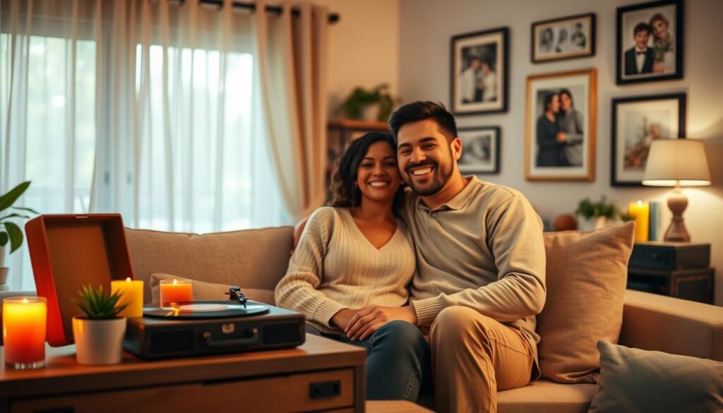 A cozy living room setting lit by warm, soft lighting. In the foreground, a cheerful couple sits together on a comfortable sofa, smiling as they share a small cake adorned with candles, symbolizing a birthday celebration. The husband, dressed in casual yet polished attire, is listening intently to his wife, who holds a decorative music sheet showcasing a handwritten personalized birthday song. In the middle ground, there are colorful decorations like balloons and streamers that create a festive atmosphere. In the background, a window reveals a twilight scene outside, adding a serene ambiance. The overall mood is joyful and intimate, reflecting the magic of personalized connections. Include subtle branding elements of "SongGifted.com" in the corner, blending naturally with the scene. A cozy, warmly lit living room setting, showcasing a beautifully decorated home interior as the foreground. A couple, dressed in modest casual clothing, sits closely together on a comfortable sofa, joyfully listening to a personalized song on a vintage record player. In the background, a housewarming gift display features decorative items like potted plants and colorful candles, creating an inviting atmosphere. Soft, ambient lighting enhances the warmth of the room, with natural sunlight filtering through sheer curtains. The walls are adorned with framed pictures representing key life milestones, like weddings and anniversaries. The overall mood is celebratory and heartfelt, encapsulating the essence of personalized song gifts from SongGifted.com, perfect for memorable occasions.